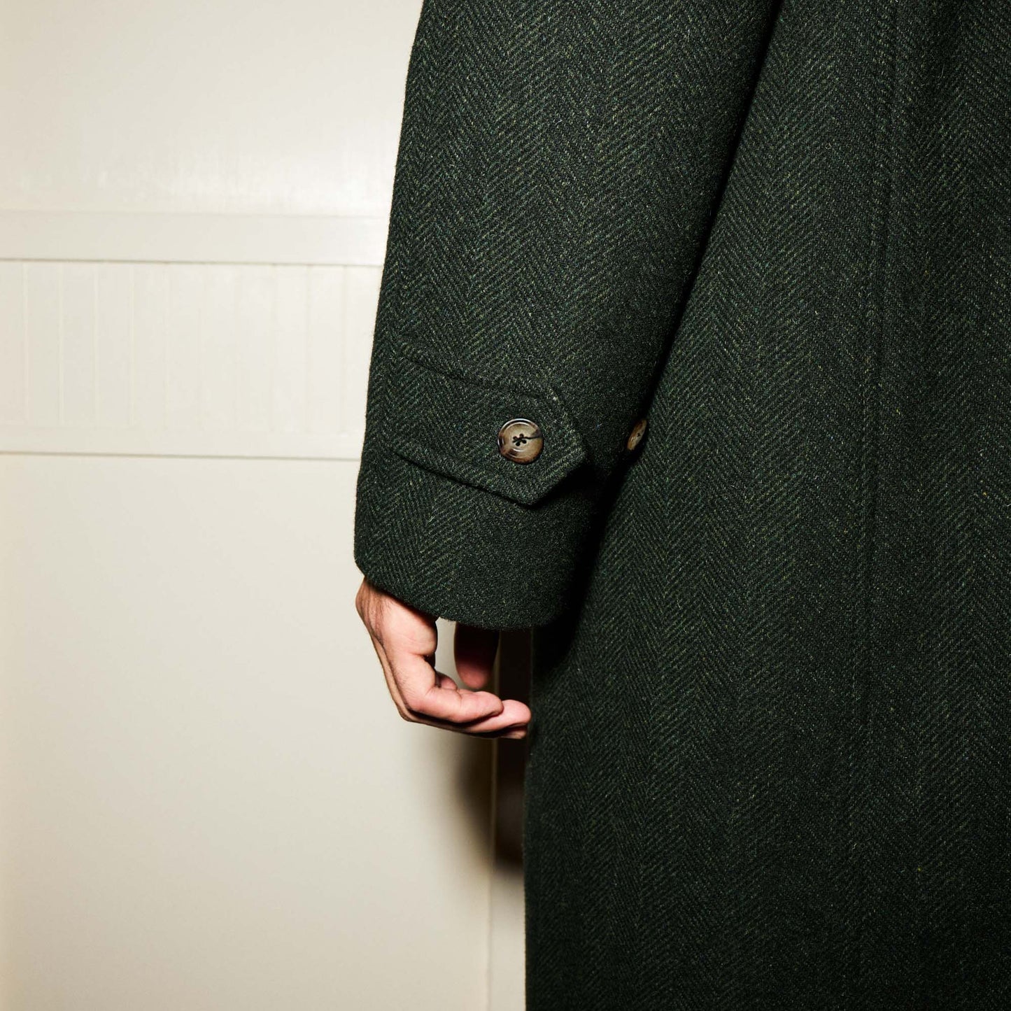 Manteau balmacaan en laine vierge vert chiné