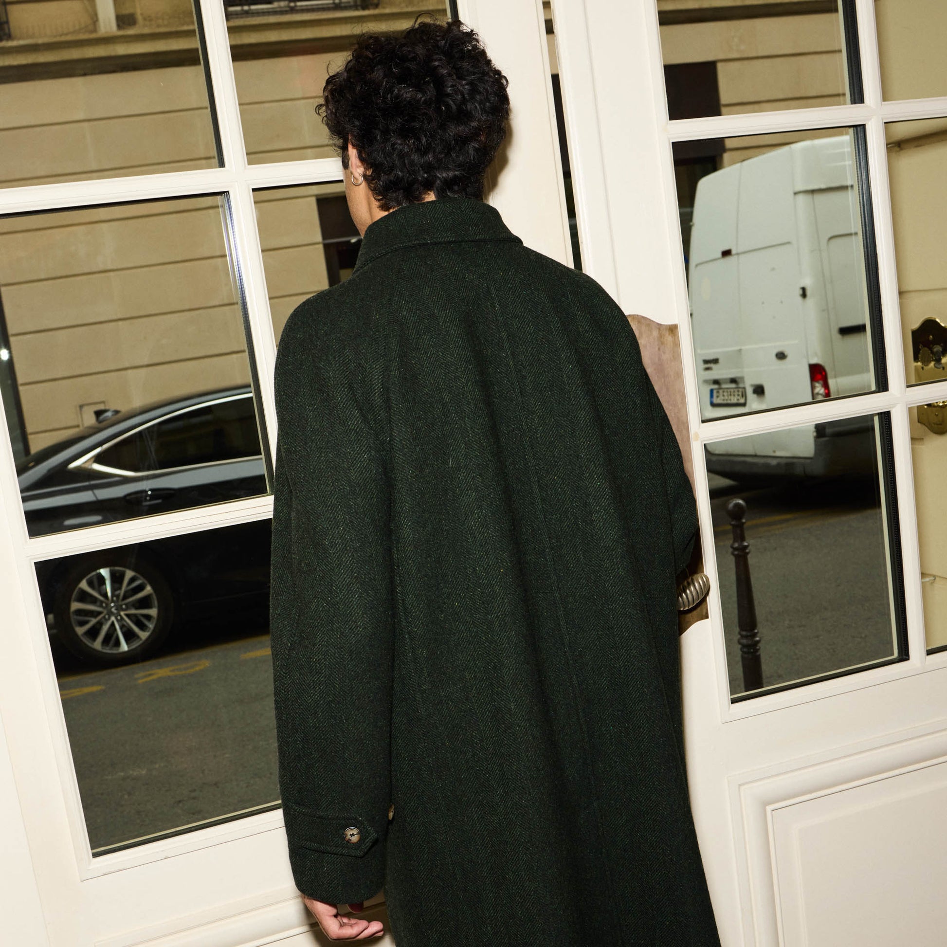 Manteau balmacaan en laine vierge vert chiné