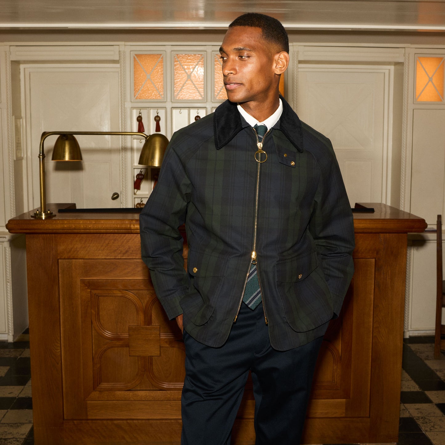 Waxed cotton jacket with tartan pattern