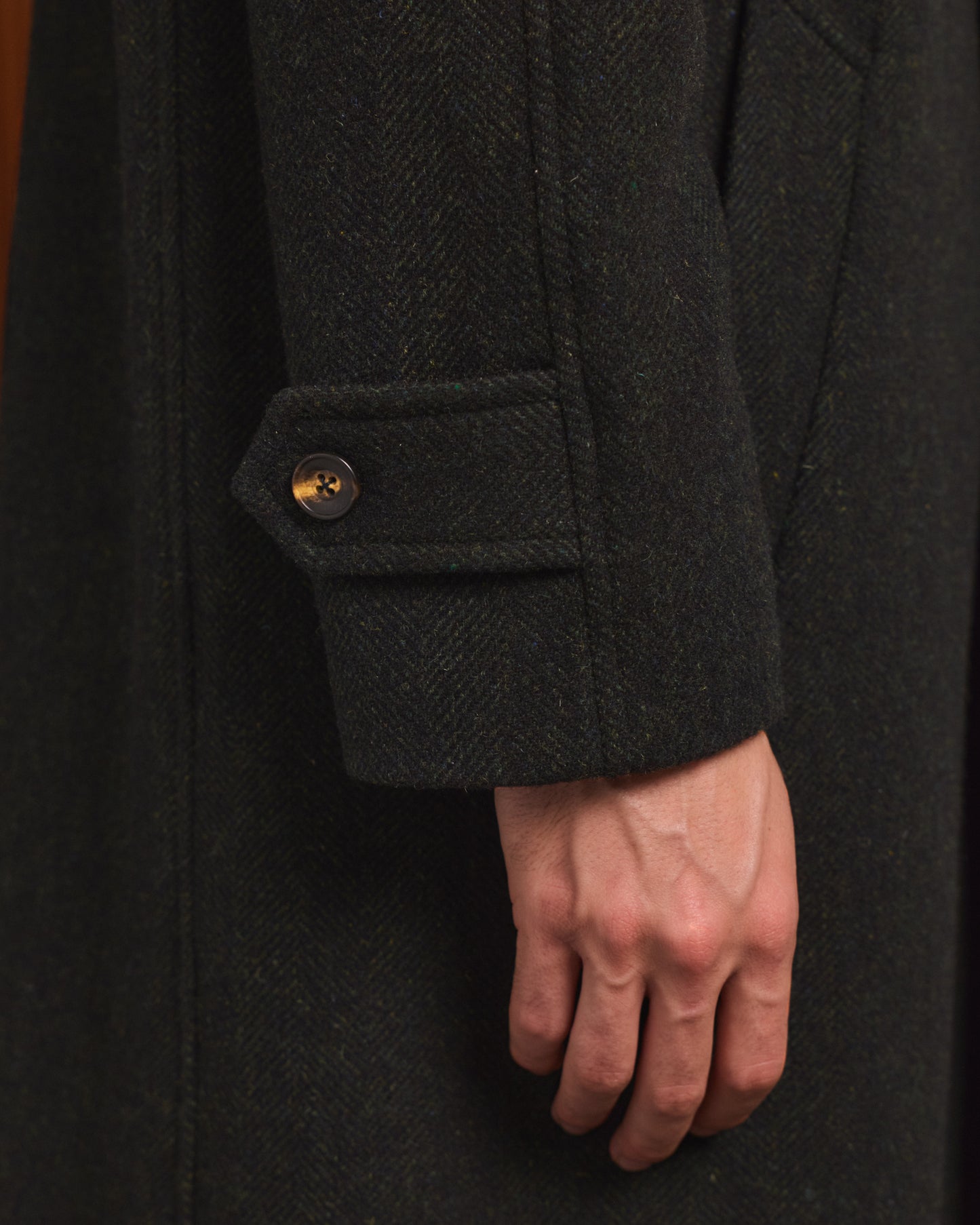 Manteau Balmacaan en laine vierge chevrons verts
