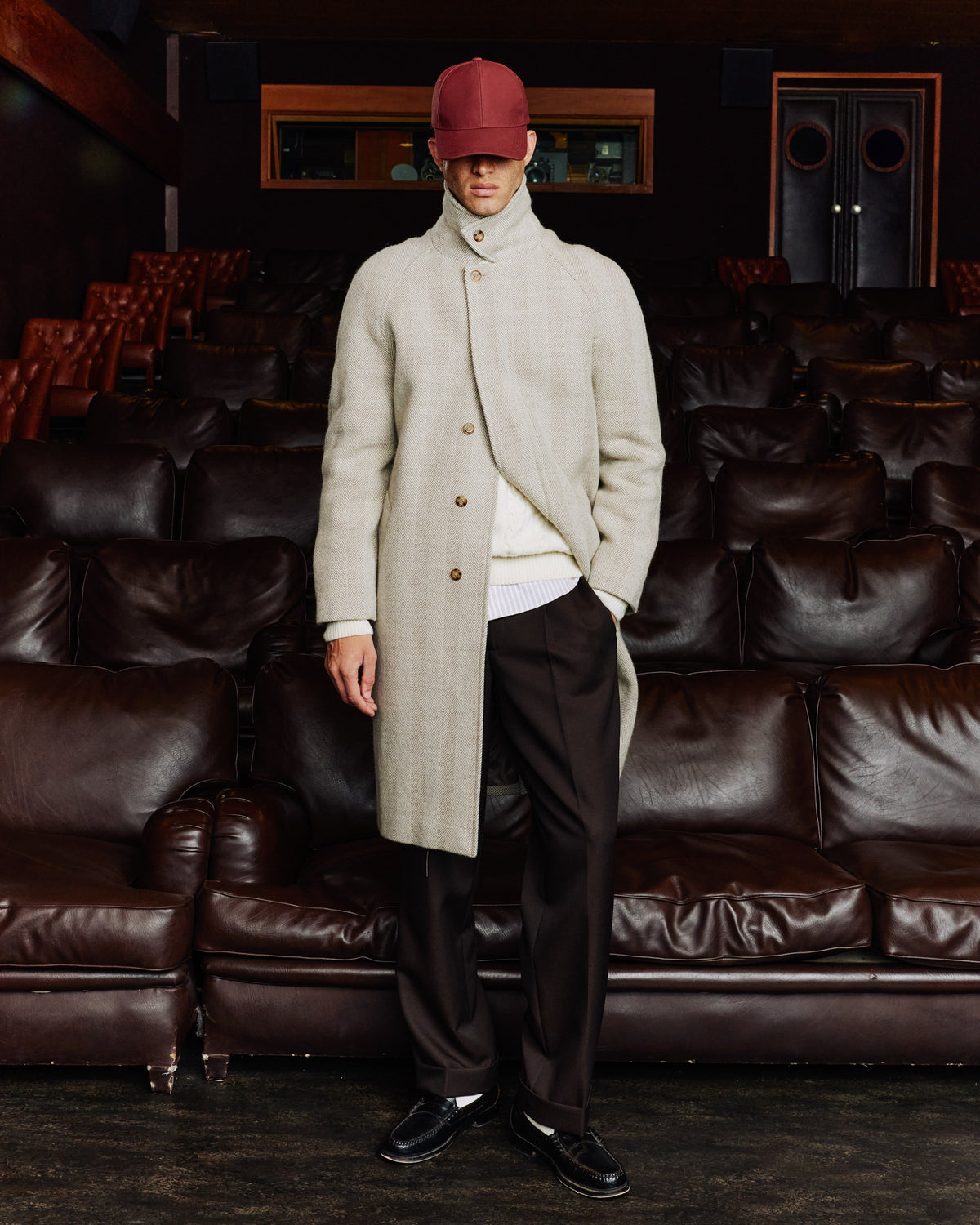 Ecru herringbone virgin wool Balmacaan coat