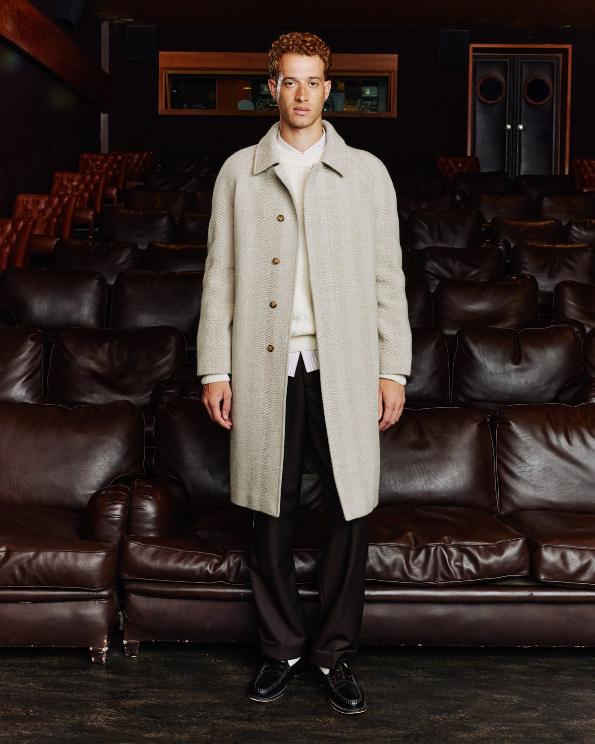 Ecru herringbone virgin wool Balmacaan coat