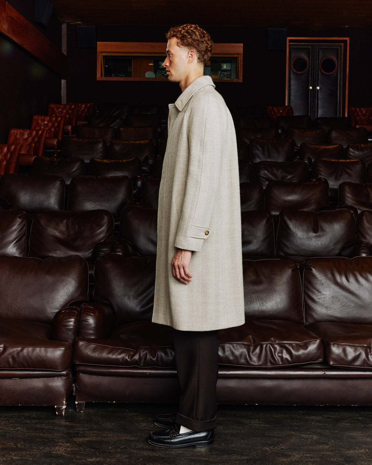 Ecru herringbone virgin wool Balmacaan coat