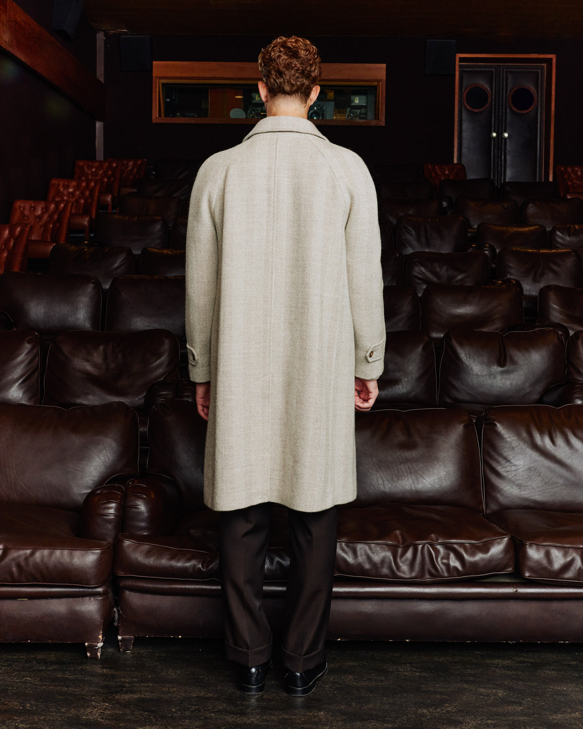 Ecru herringbone virgin wool Balmacaan coat