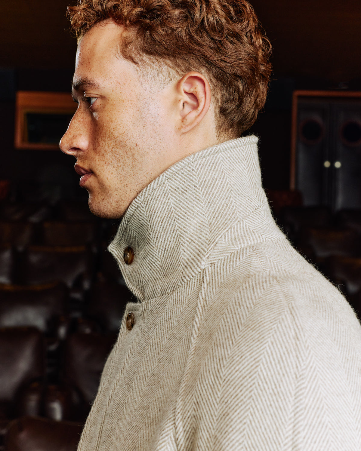 Ecru herringbone virgin wool Balmacaan coat