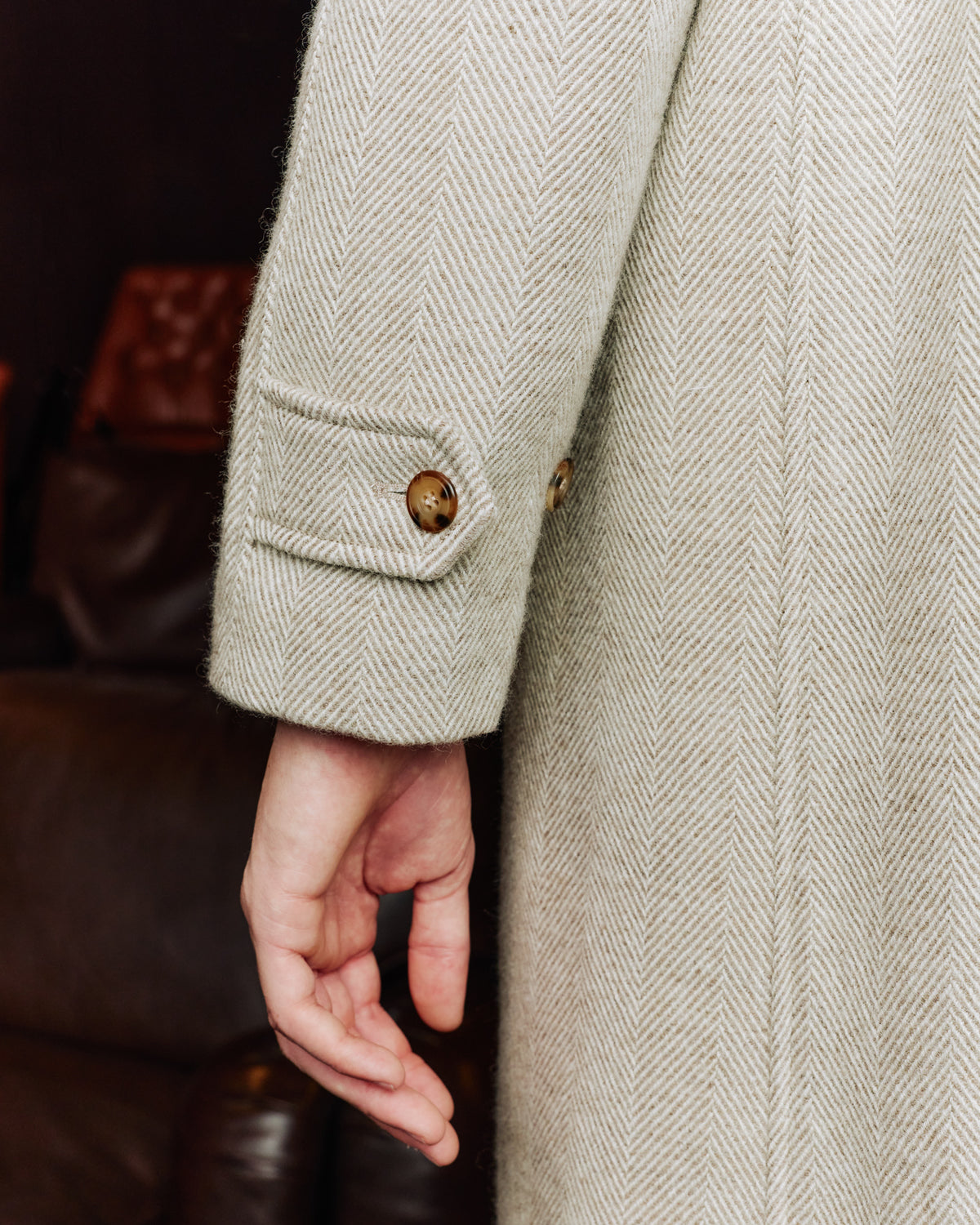 Ecru herringbone virgin wool Balmacaan coat