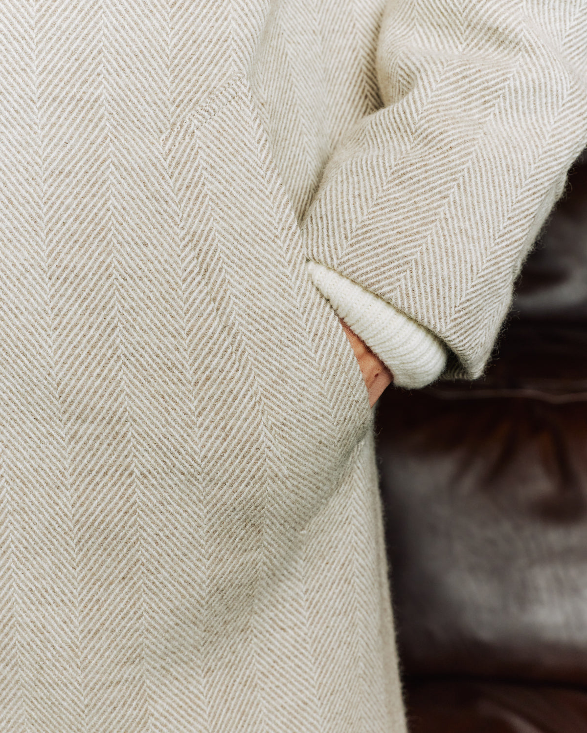 Ecru herringbone virgin wool Balmacaan coat