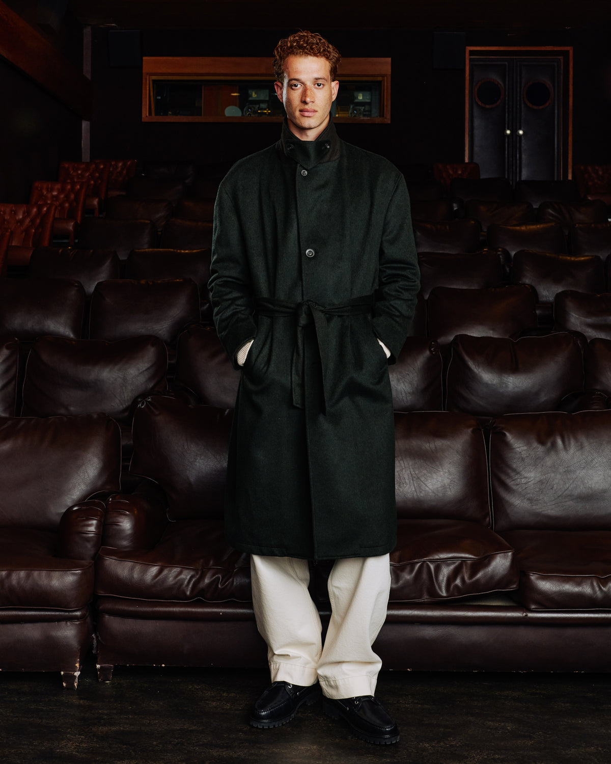 Long belted coat in green Loden wool