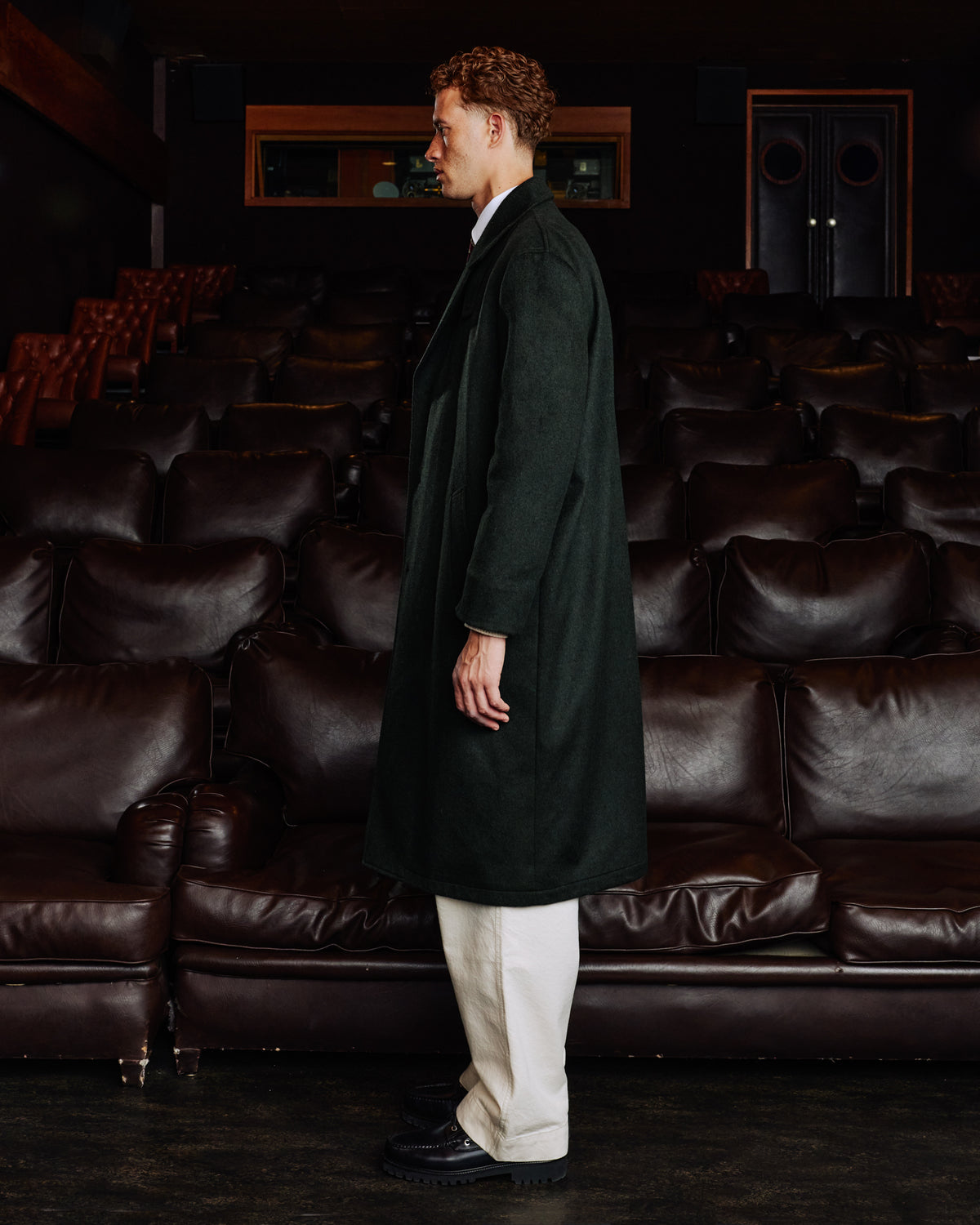 Long belted coat in green Loden wool