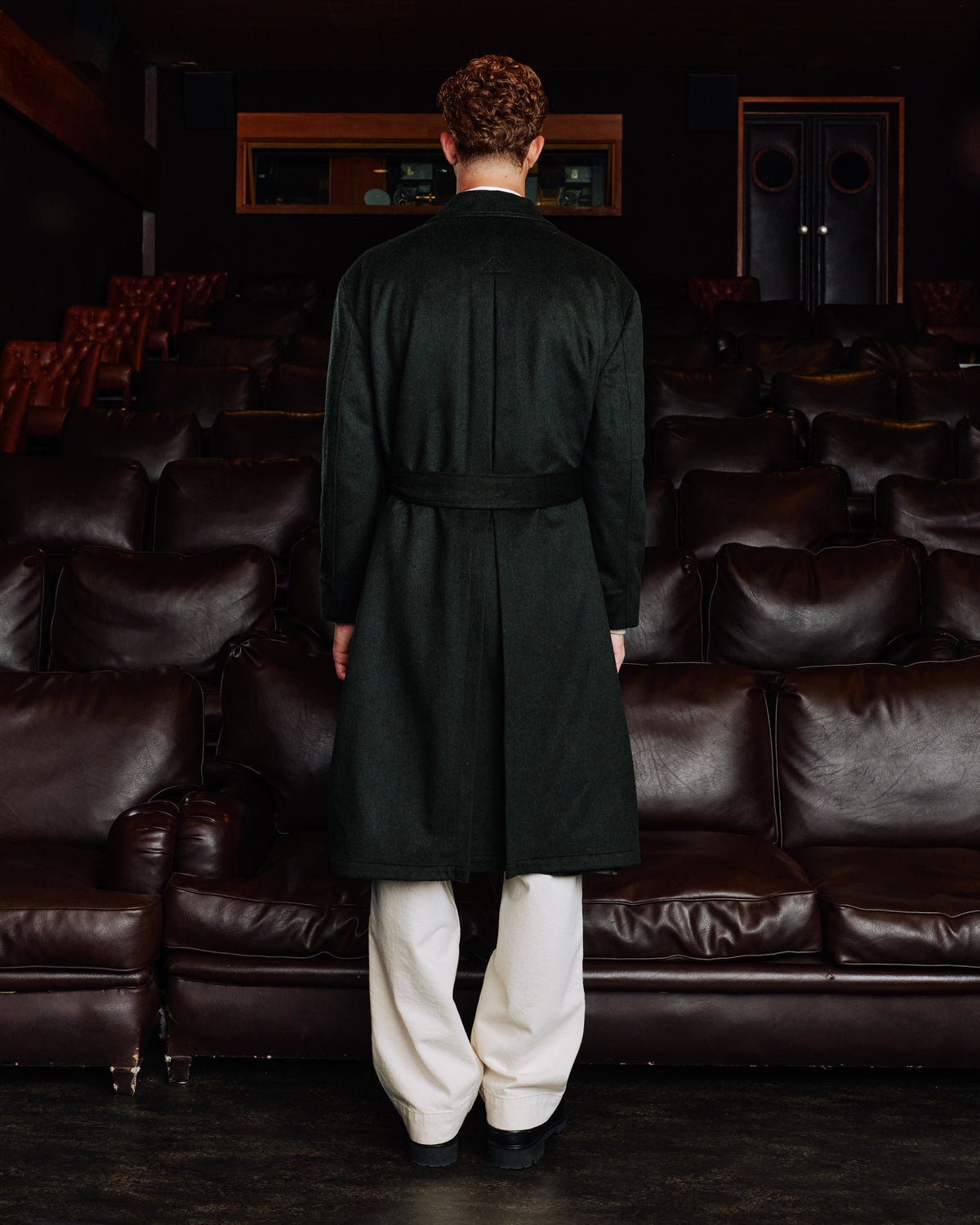 Long belted coat in green Loden wool