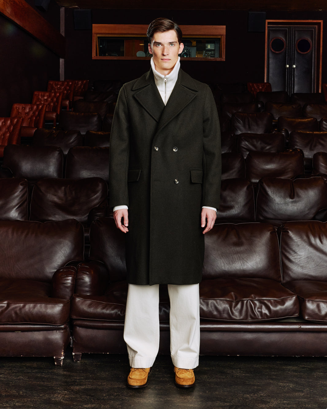 Long double-breasted green wool coat