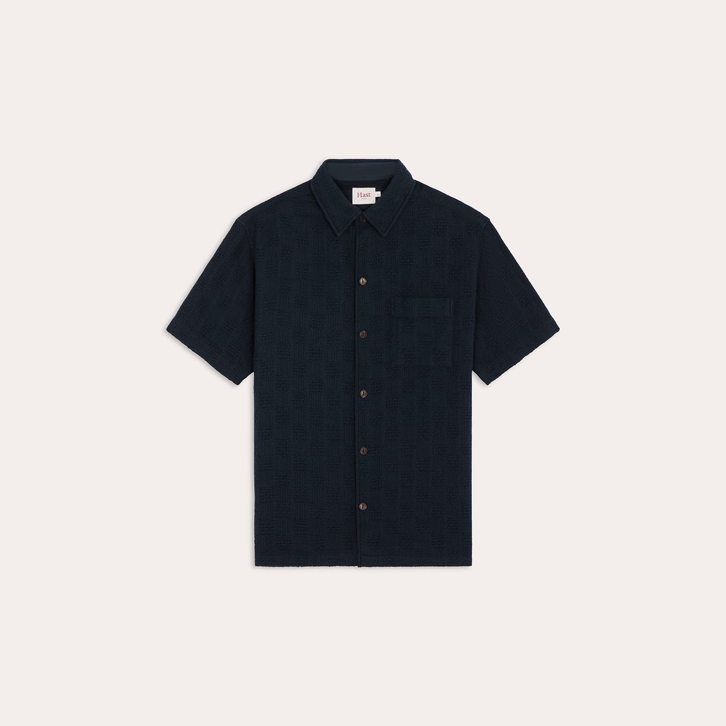 Navy short-sleeved shirt in textured English knit