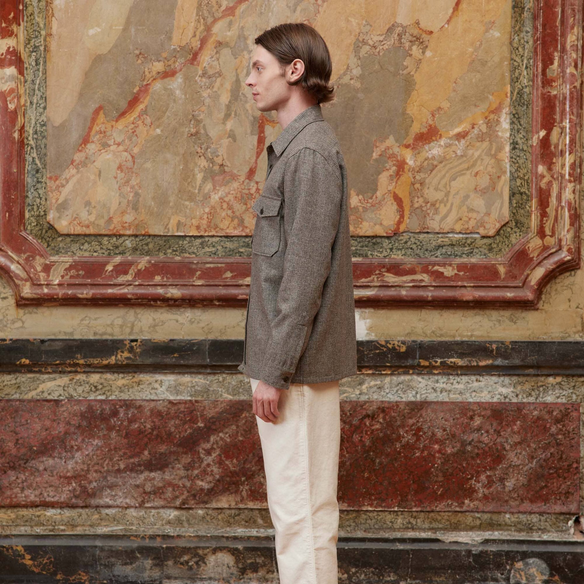 Surchemise en laine micro pied-de-poule marron