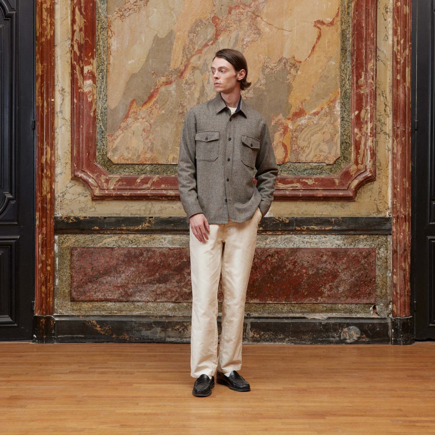 Surchemise en laine micro pied-de-poule marron