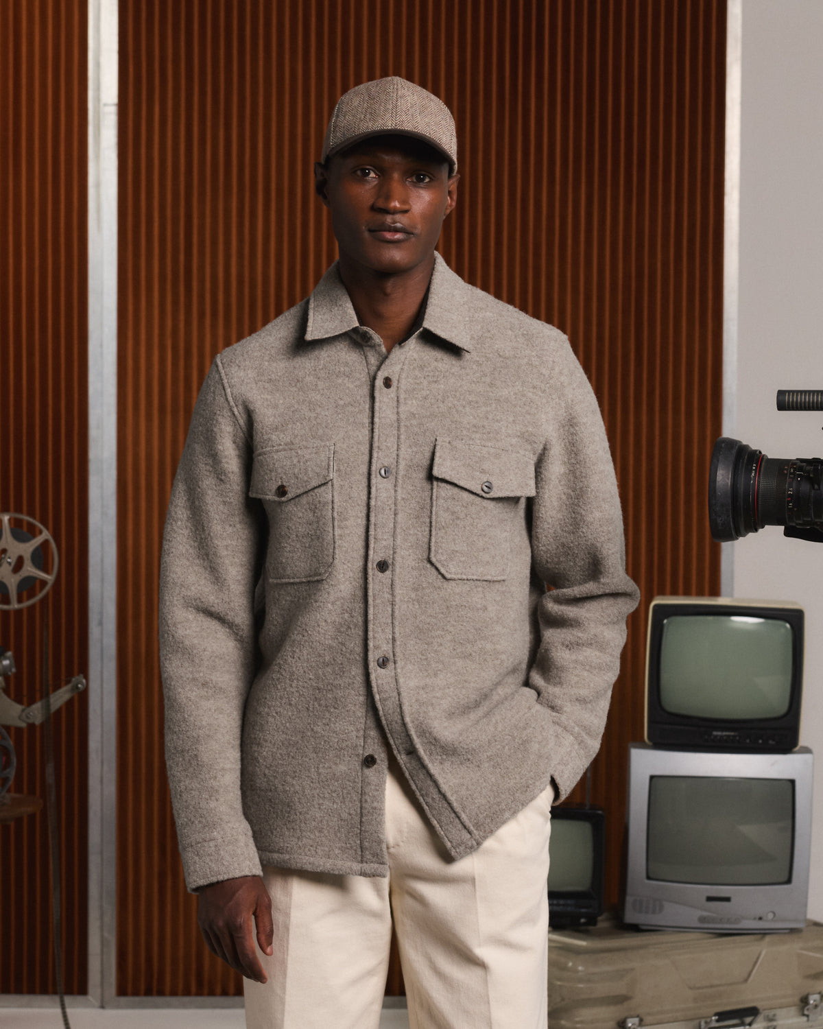 Beige boiled wool overshirt