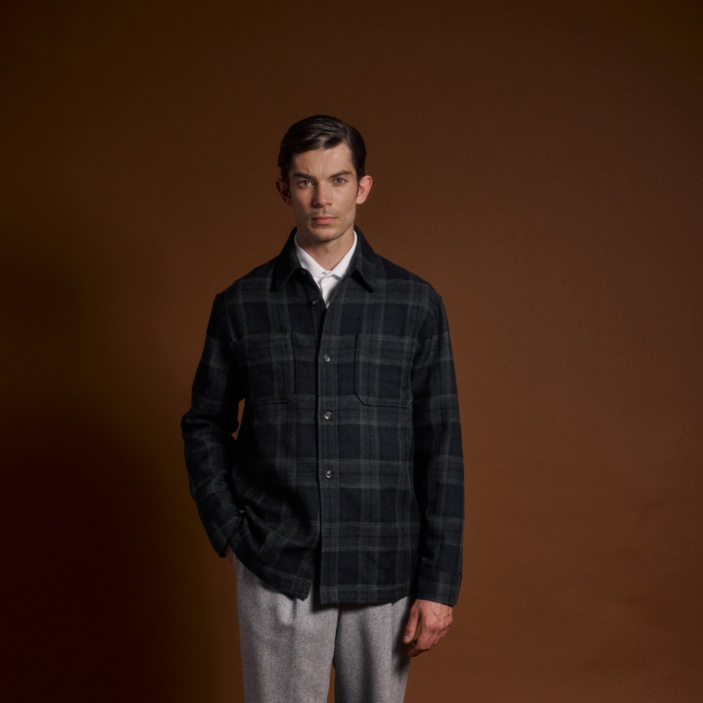 Surchemise tartan marine mohair et laine vierge