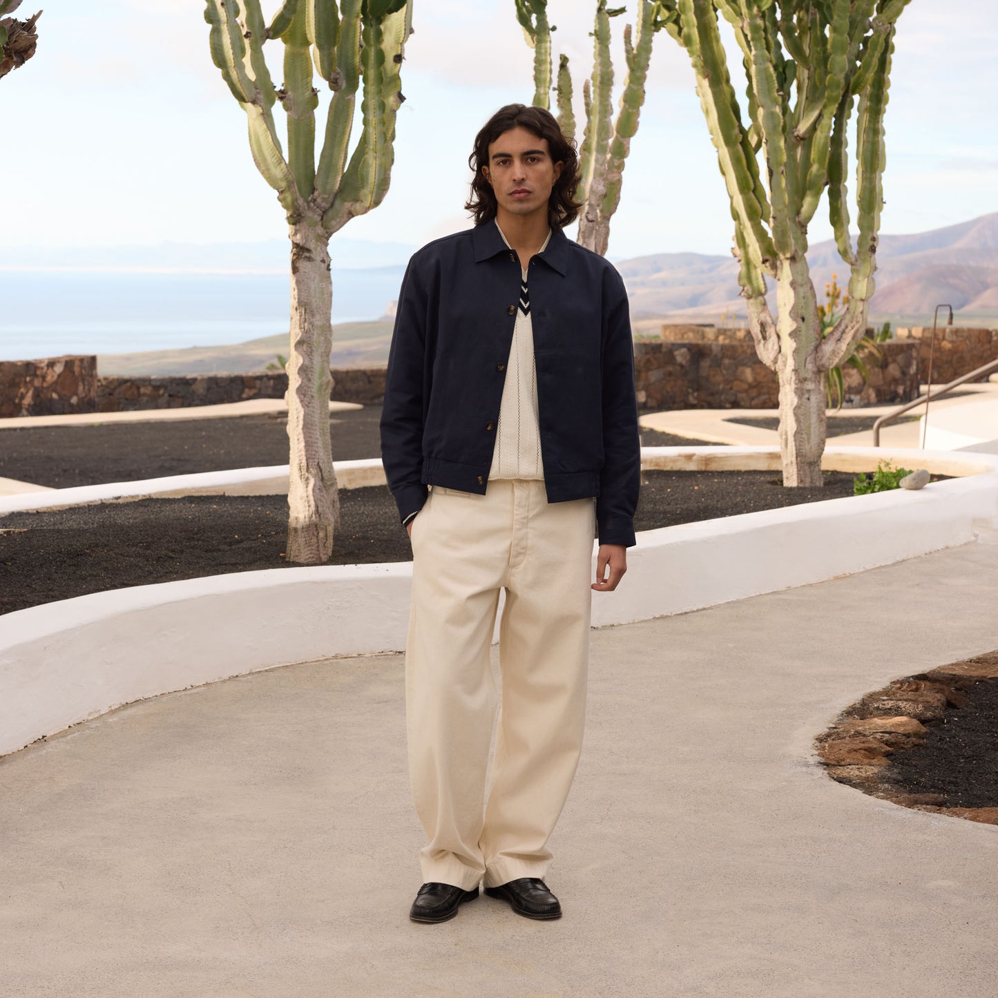 Navy herringbone cotton and linen jacket 