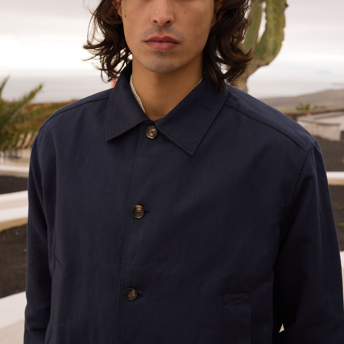 Blouson en coton et lin chevrons marine