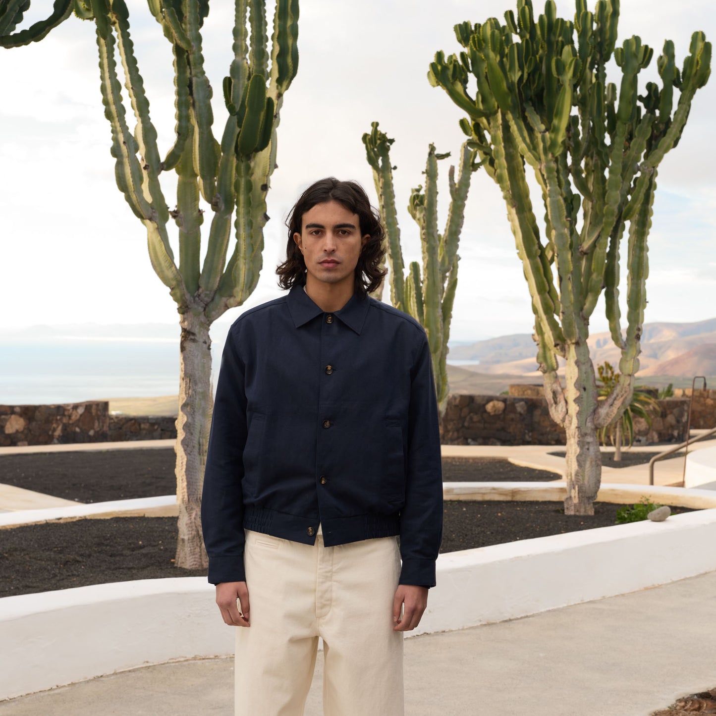 Navy herringbone cotton and linen jacket 