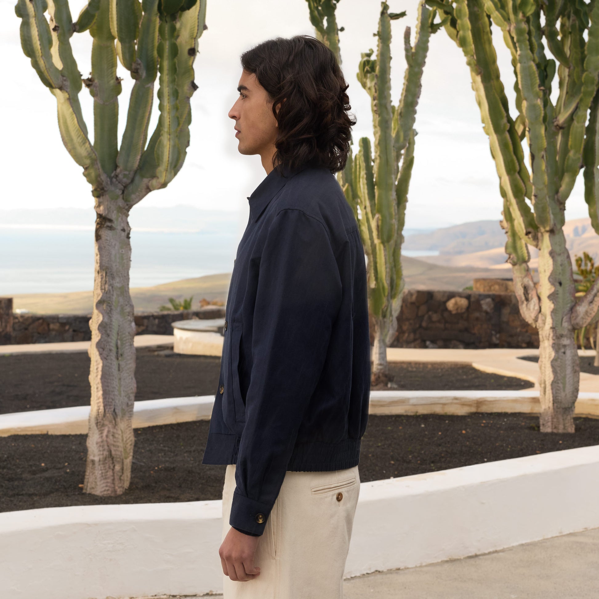 Blouson en coton et lin chevrons marine