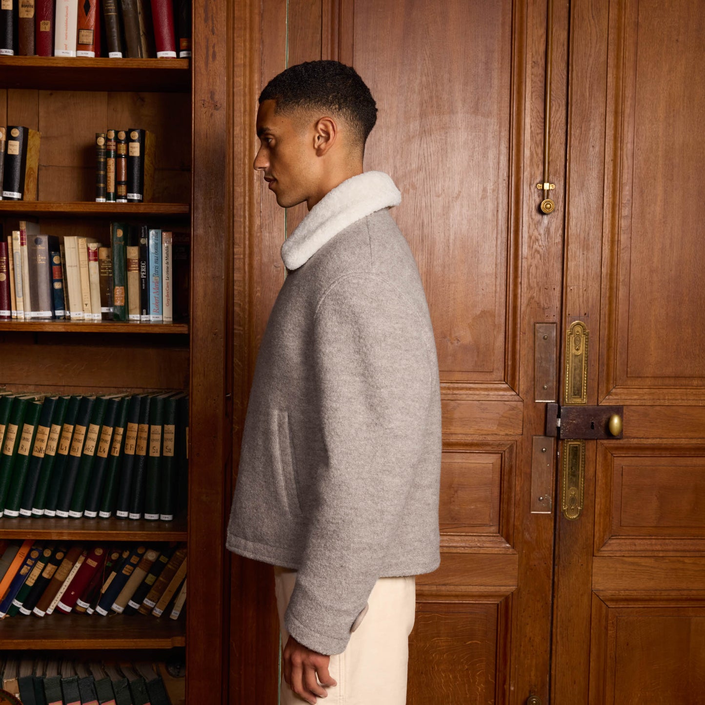 Boiled wool bomber jacket in heather beige