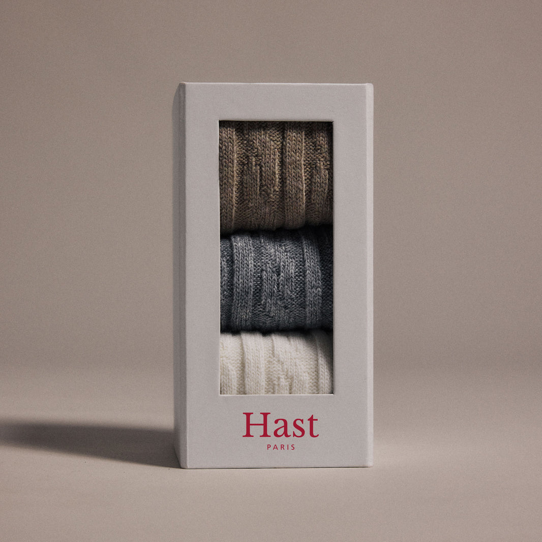 Pack de 3 chaussettes en laine cachemire grise, beige, écru