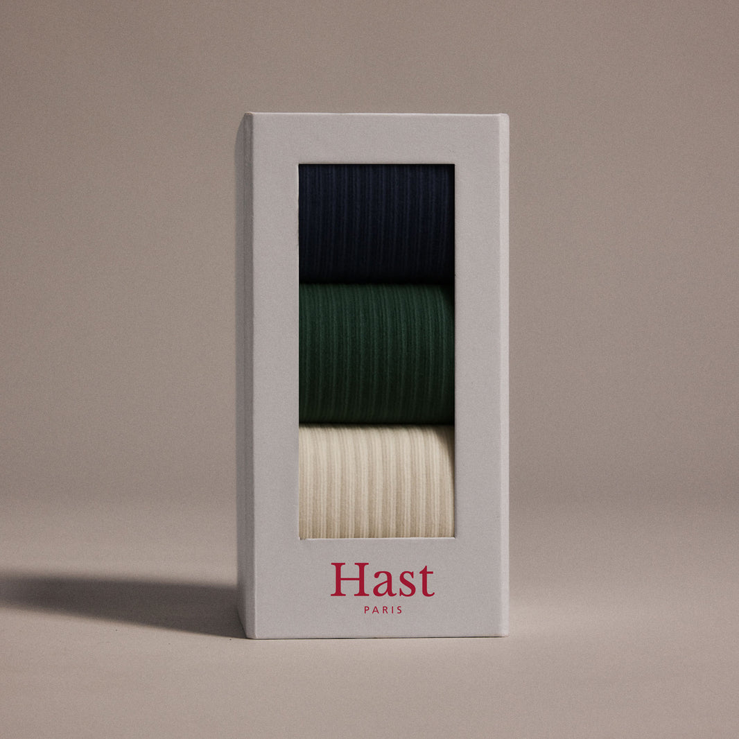 Pack de 3 chaussettes en coton marine, vert, ecrue