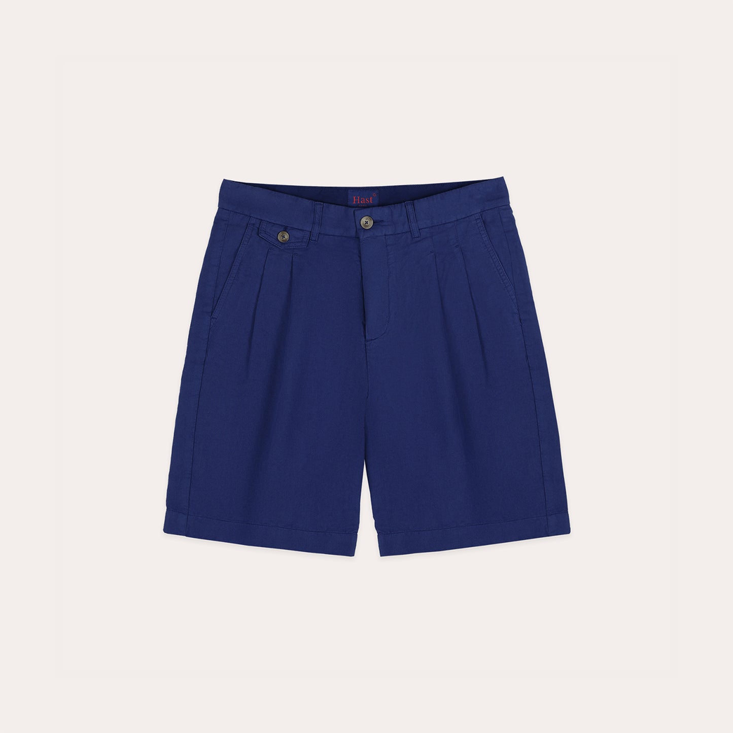 Indigo cotton and linen double-pleated shorts