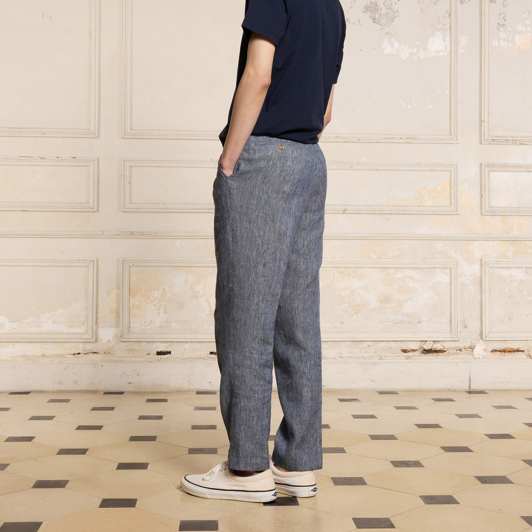 Double-pleated trousers in heather blue linen and cotton