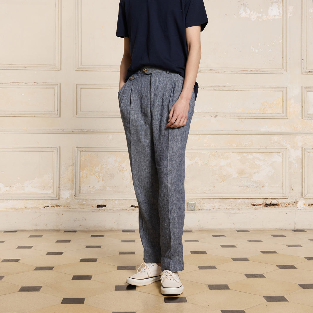 Double-pleated trousers in heather blue linen and cotton