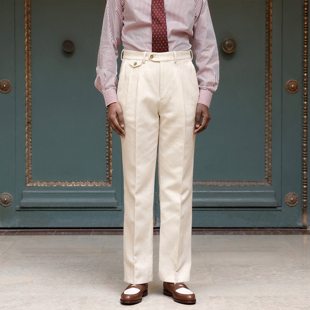 Double-pleated pants in ecru cotton and linen
