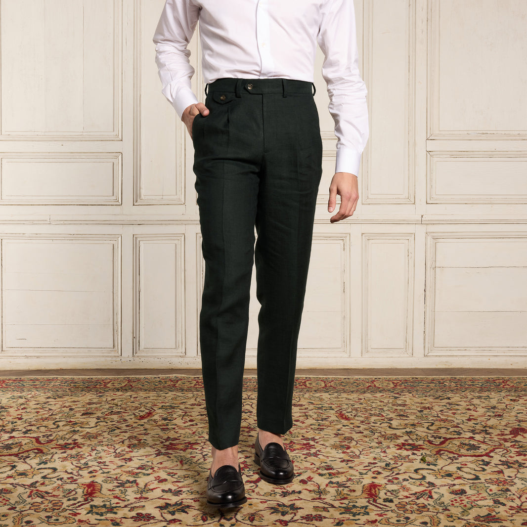 Double-pleated green linen pants