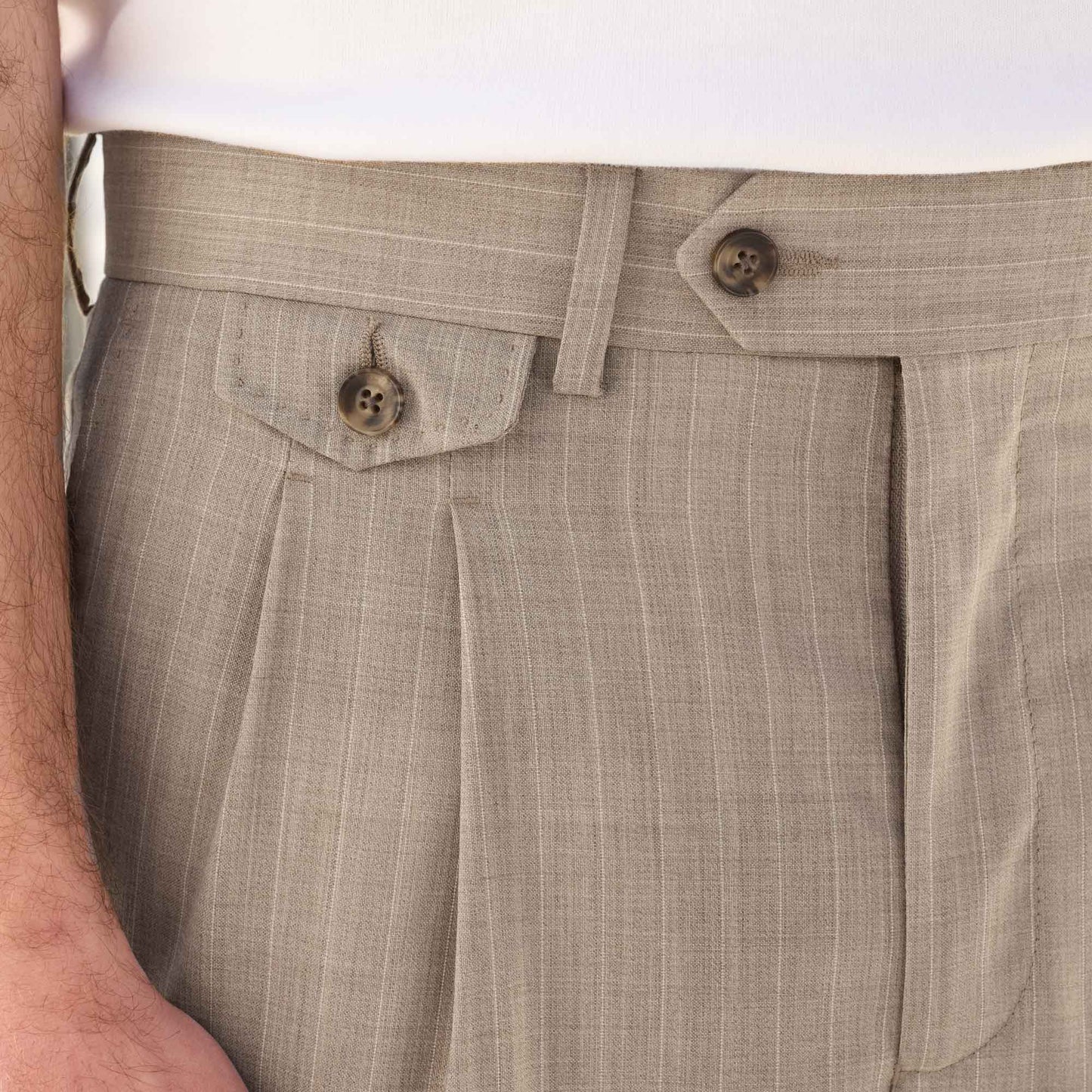 Beige striped double pleated trousers