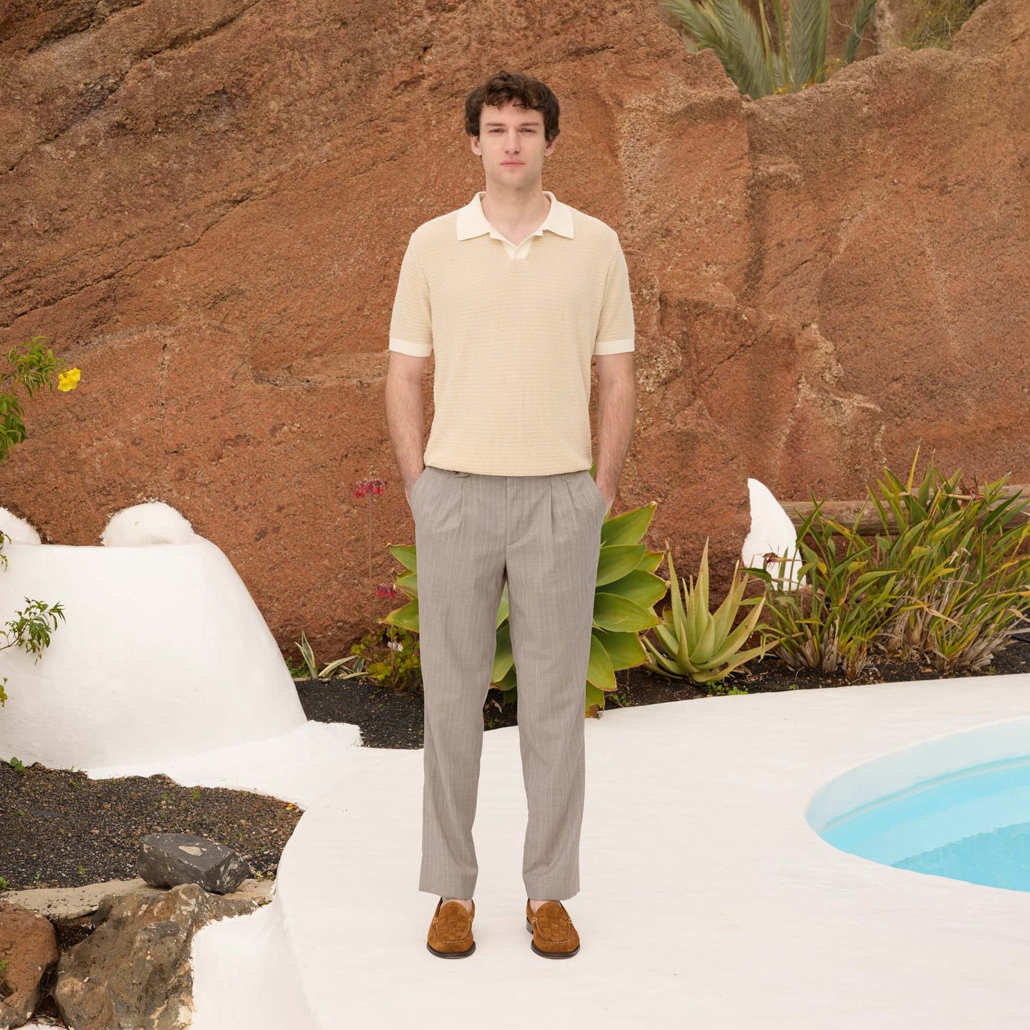 Beige striped double pleated trousers