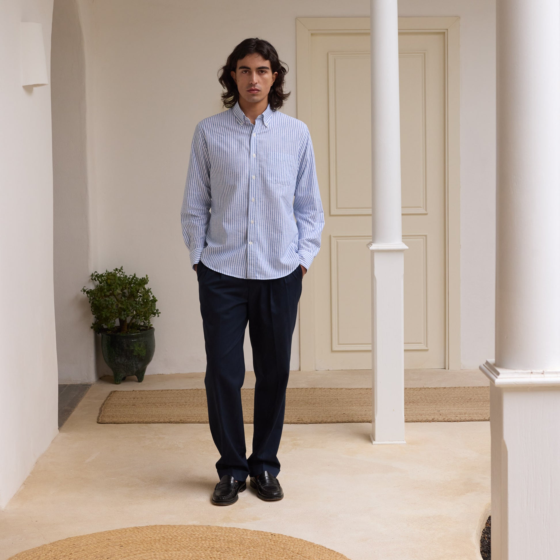 Pantalon à pinces en coton marine