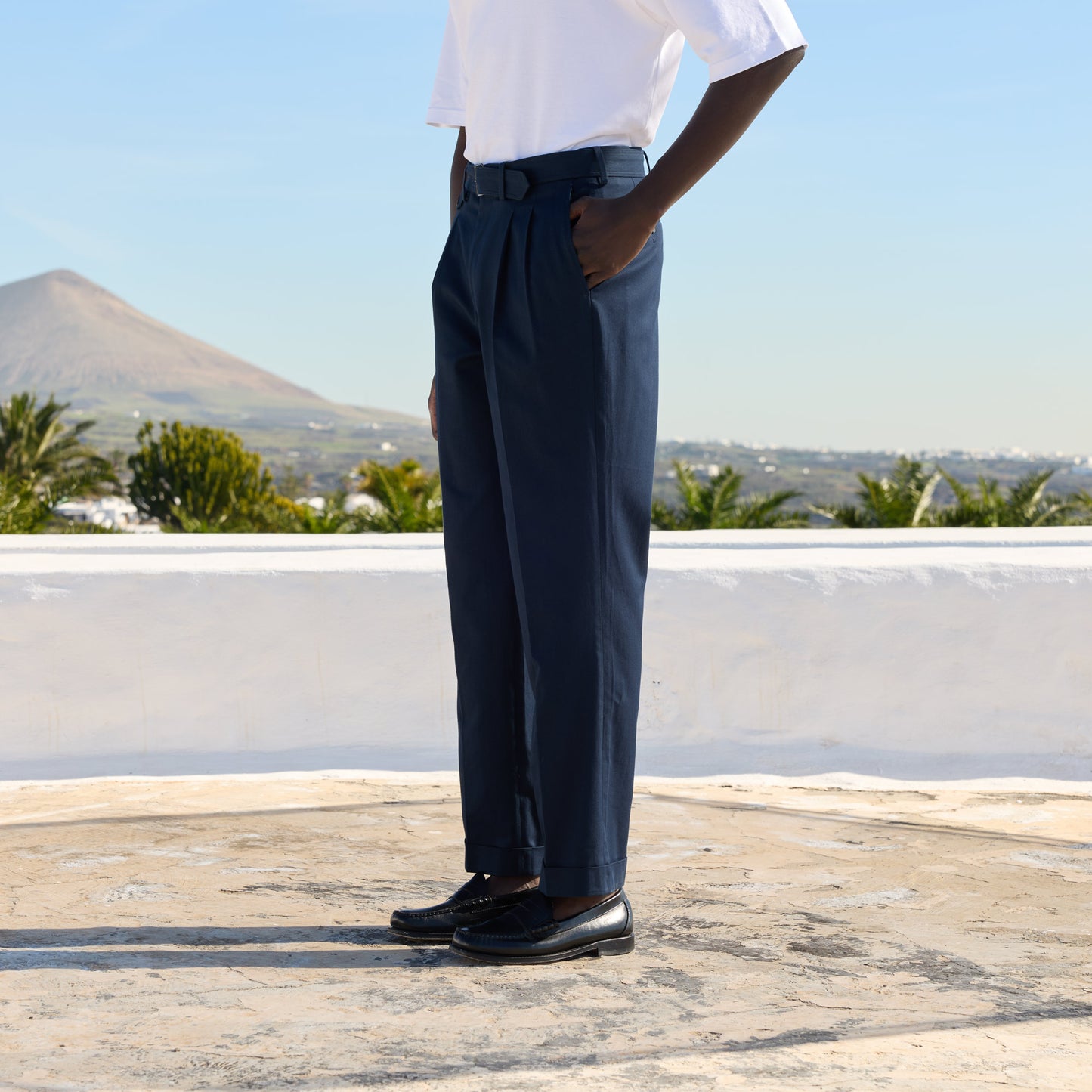 Pantalon à pinces en coton marine