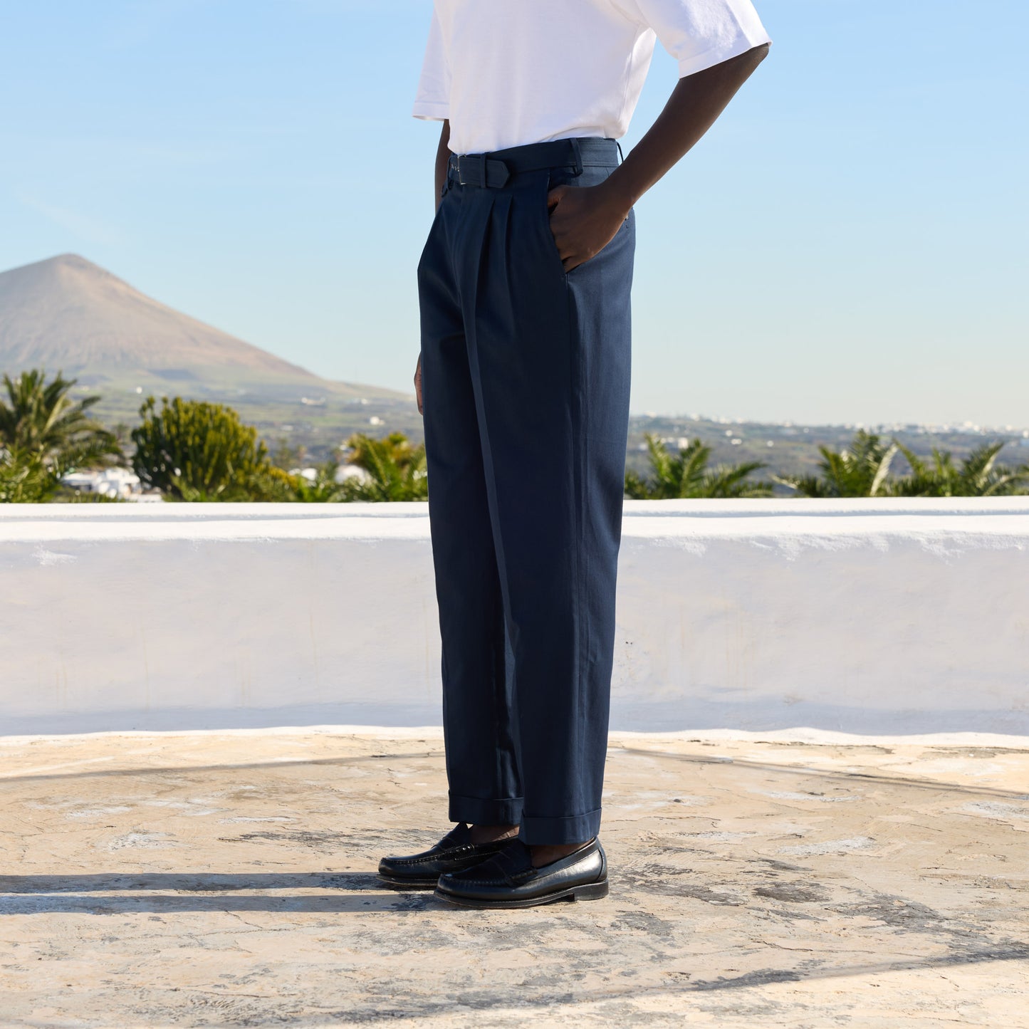 Pantalon à pinces en coton marine