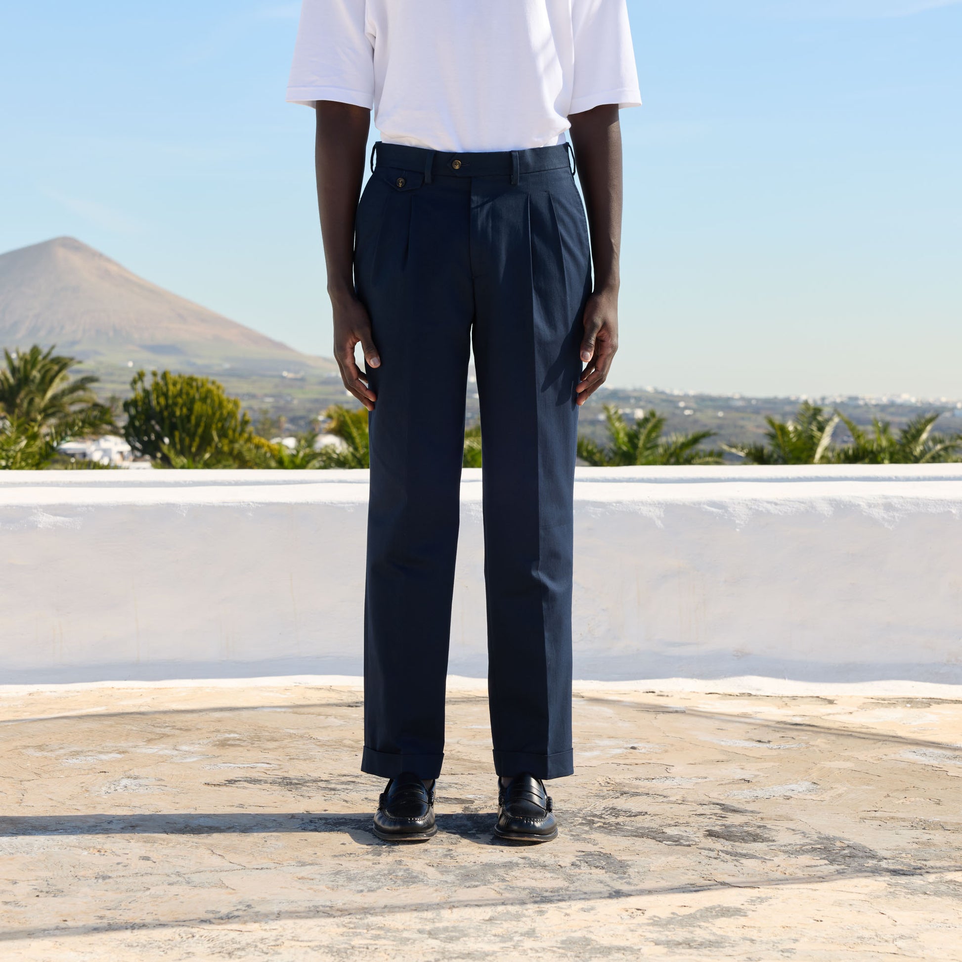 Pantalon à pinces en coton marine