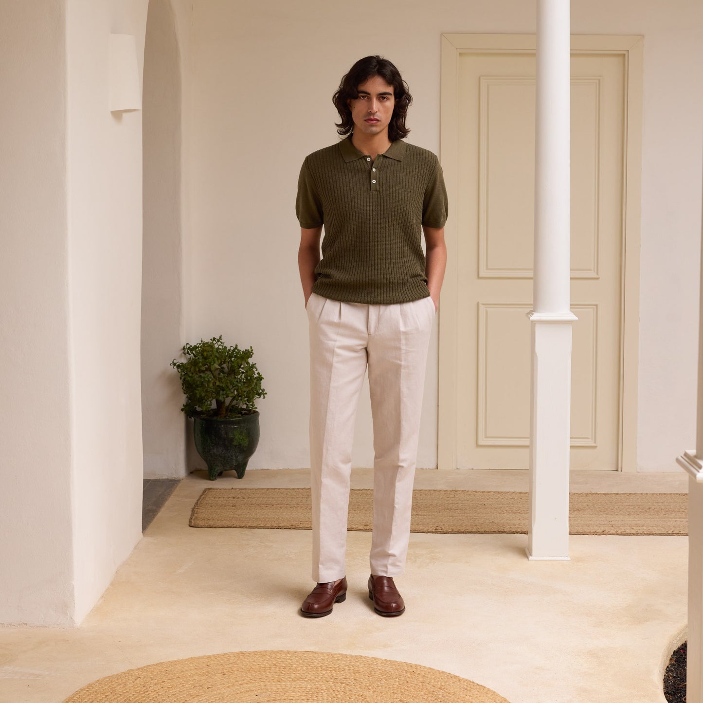 Pantalon à pinces en lin coton écru