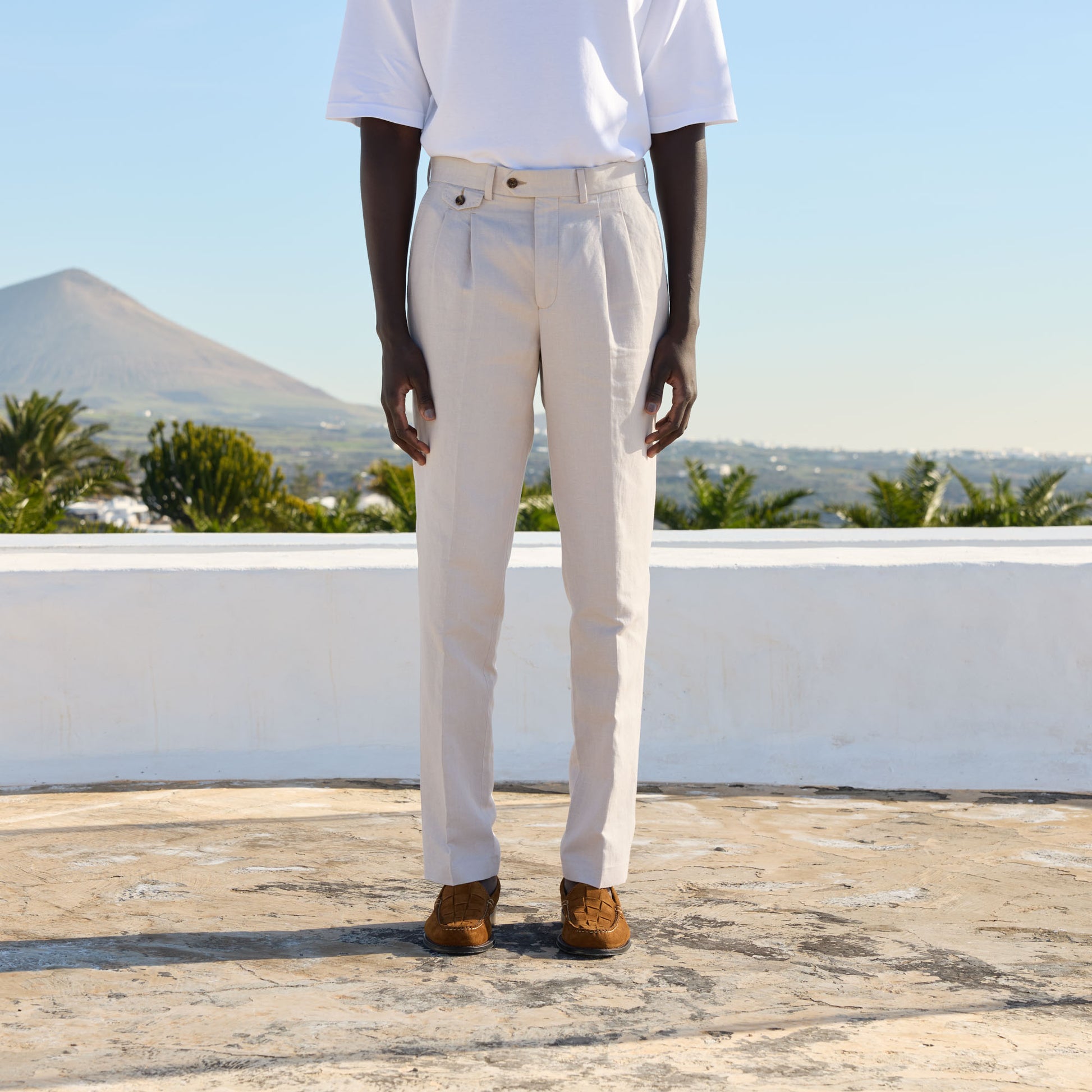 Pantalon à pinces en lin coton écru