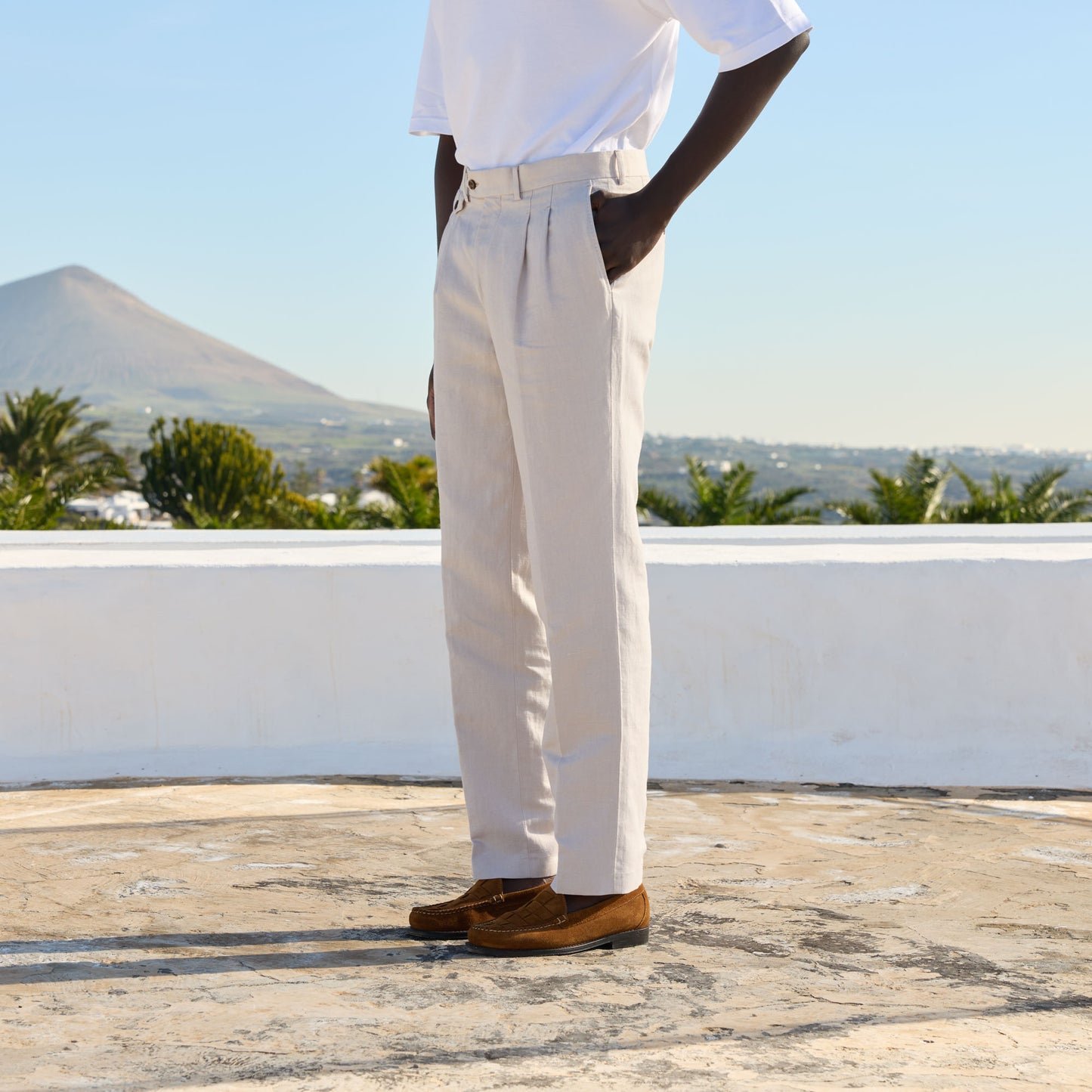 Pantalon à pinces en lin coton écru