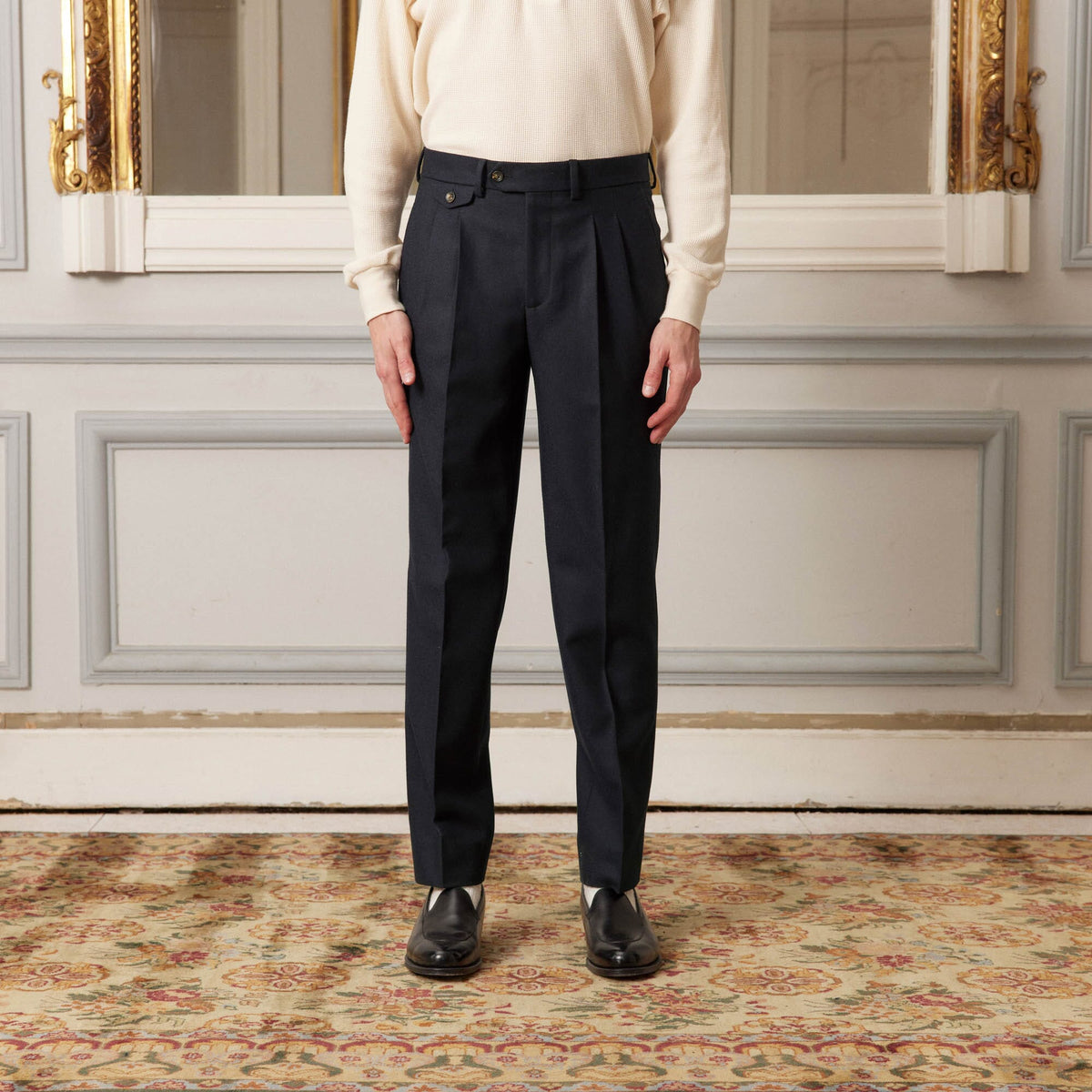 Double pleated navy wool flannel trousers – Hast Paris