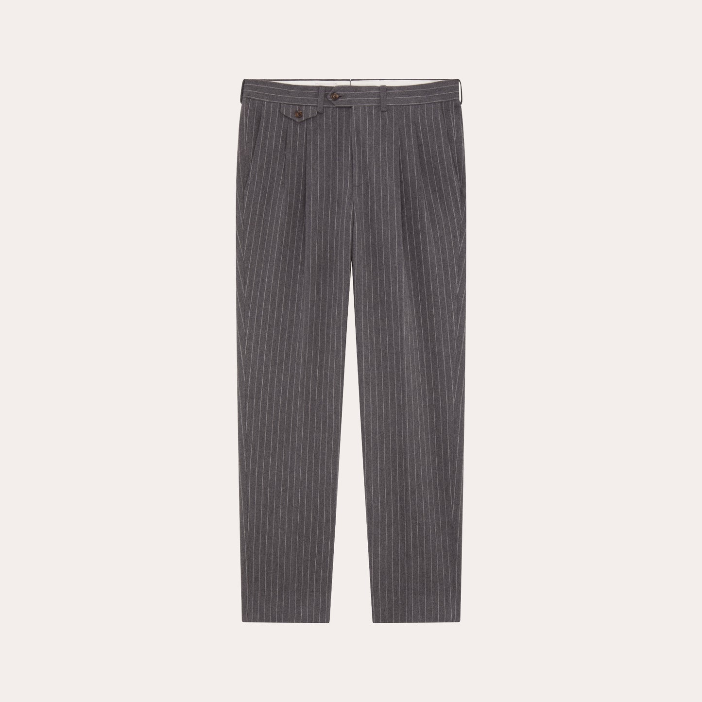 Double-pleated trousers in chalk-striped gray cotton moleskin