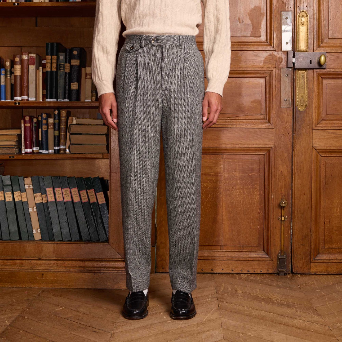 Grey herringbone wool double pleated trousers