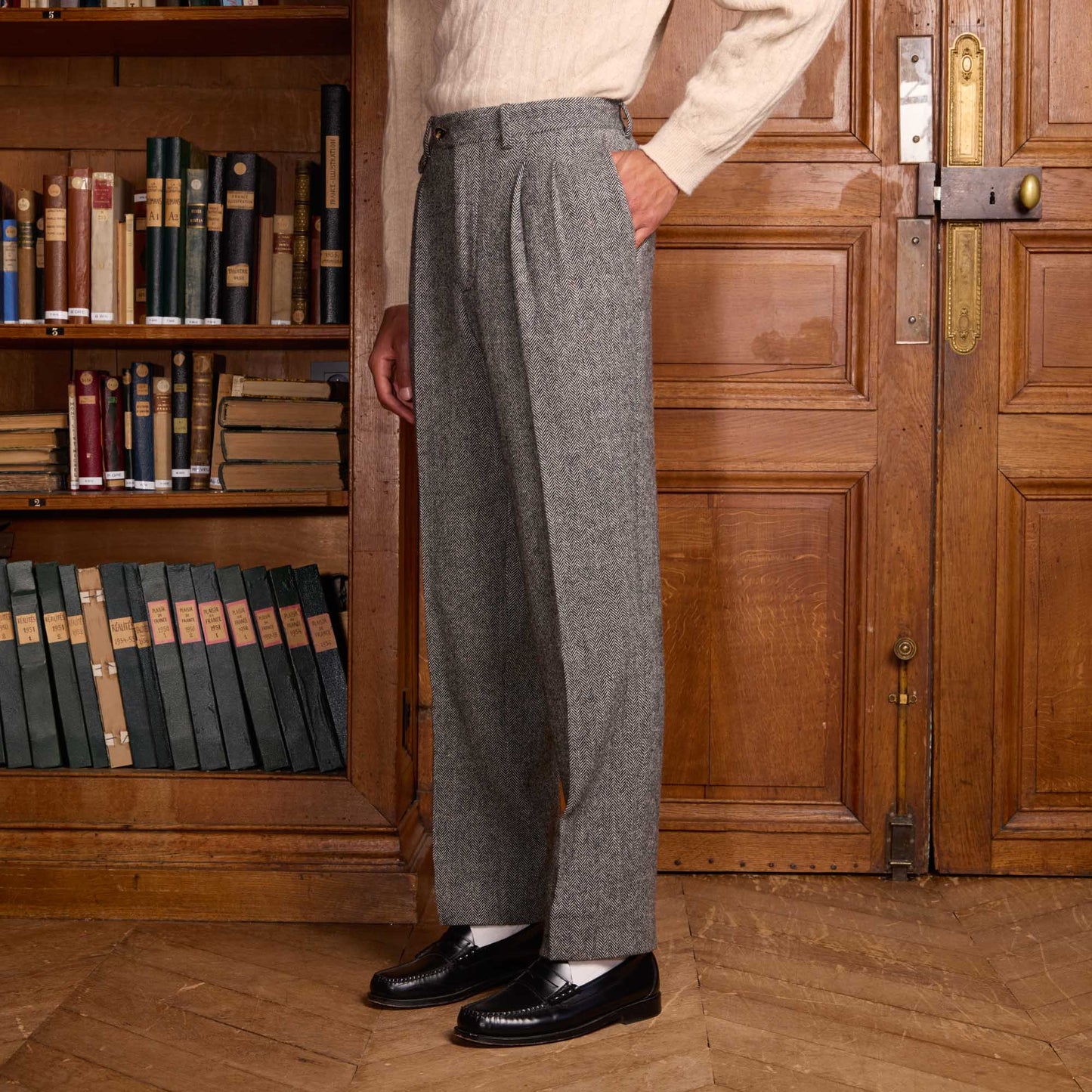 Grey herringbone wool double pleated trousers