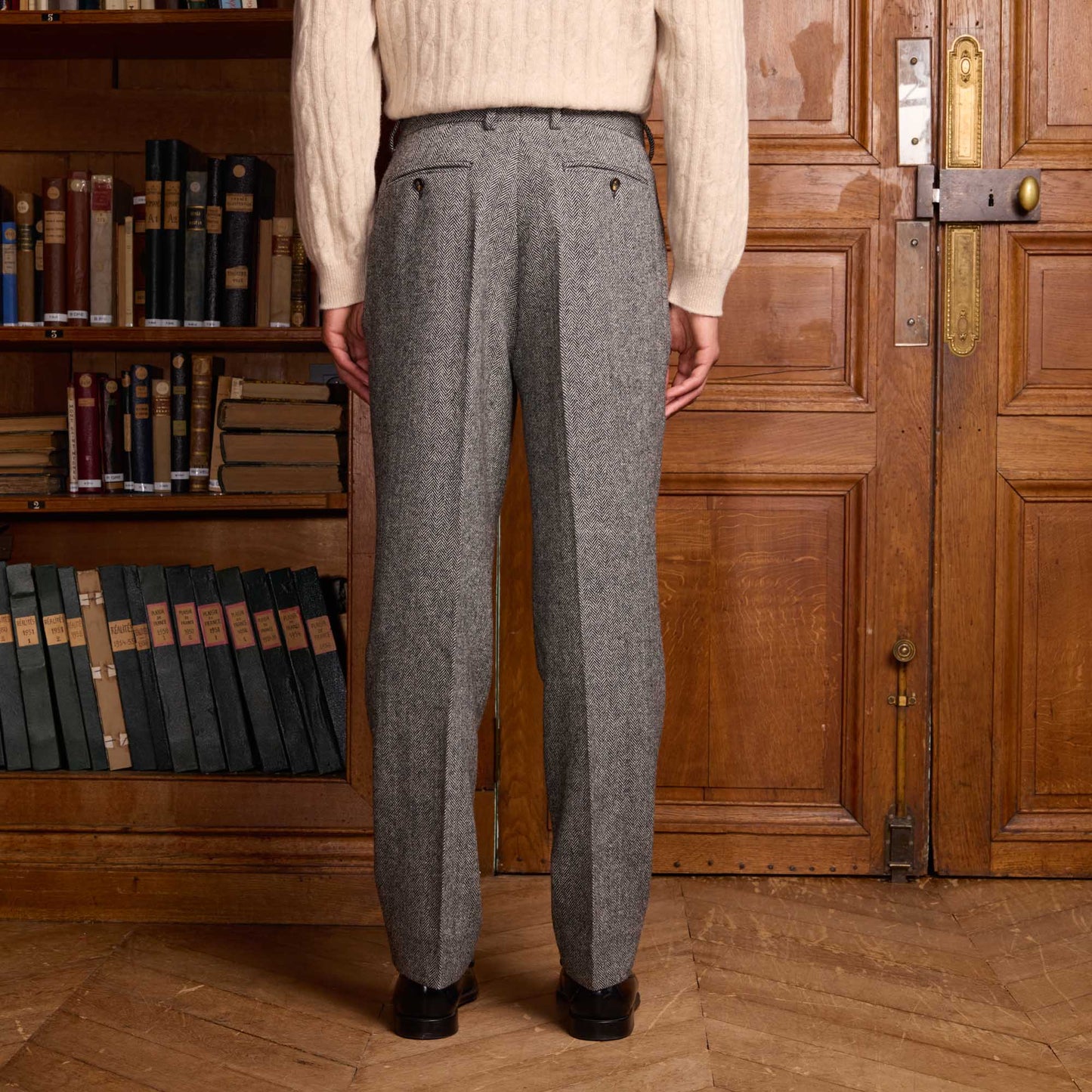 Grey herringbone wool double pleated trousers