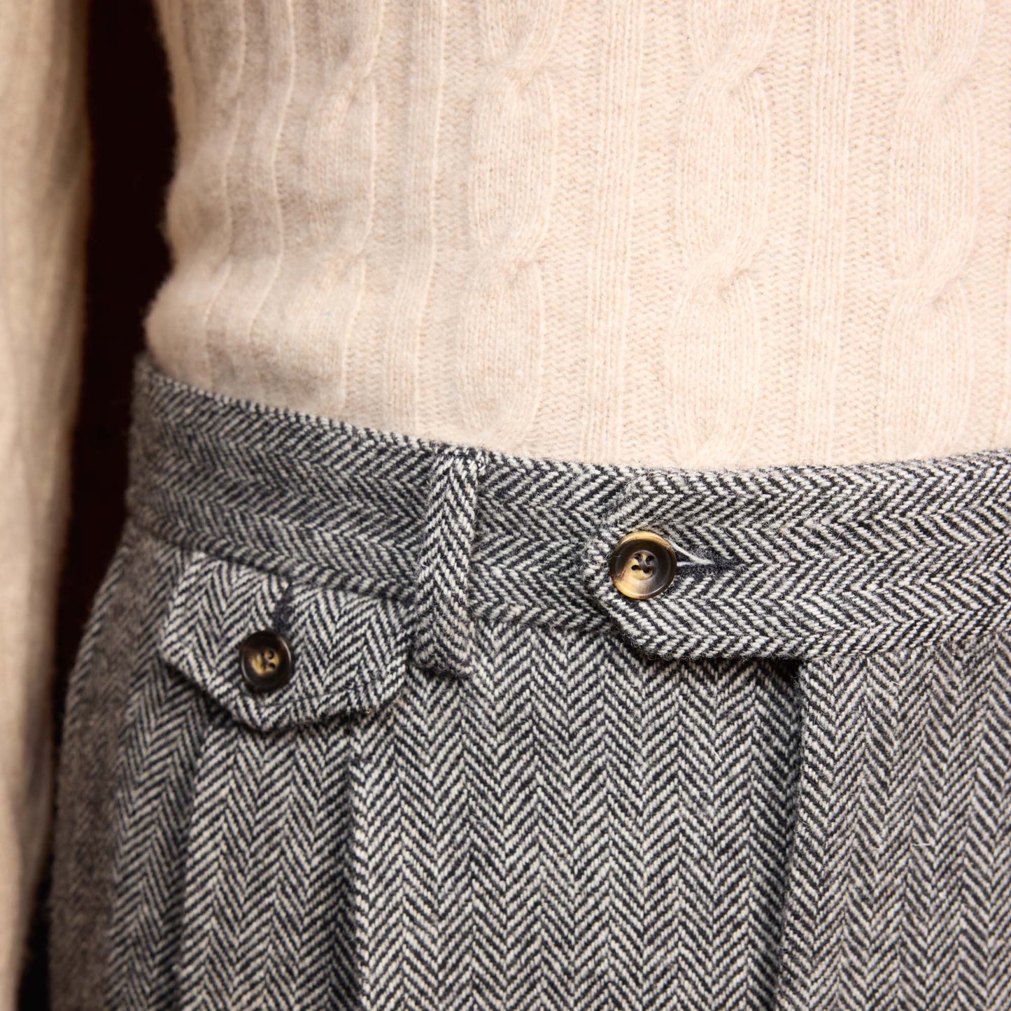 Grey herringbone wool double pleated trousers