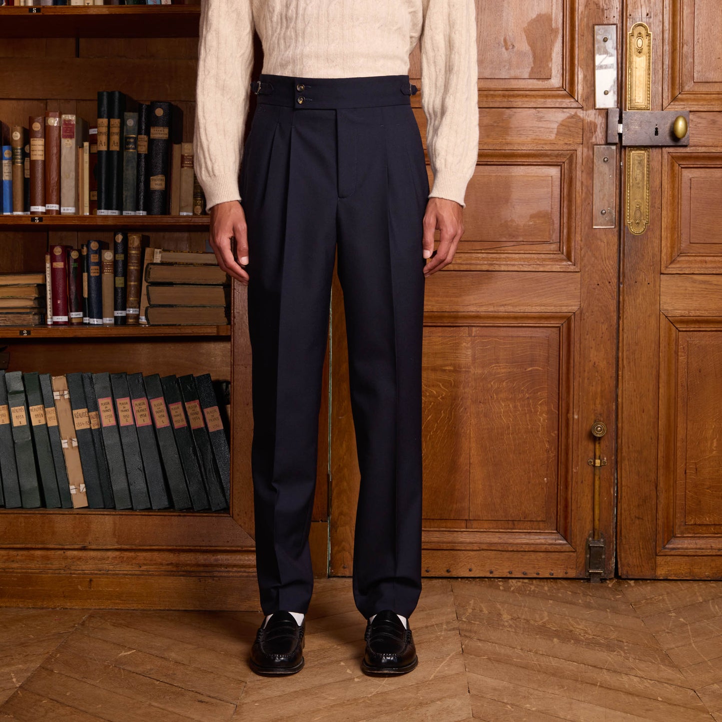 Navy wool double pleated trousers