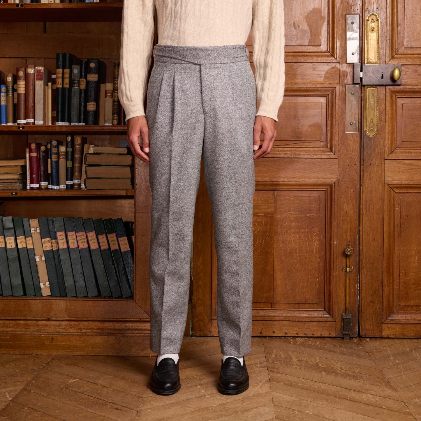 Gurkha trousers in heather gray Donegal wool
