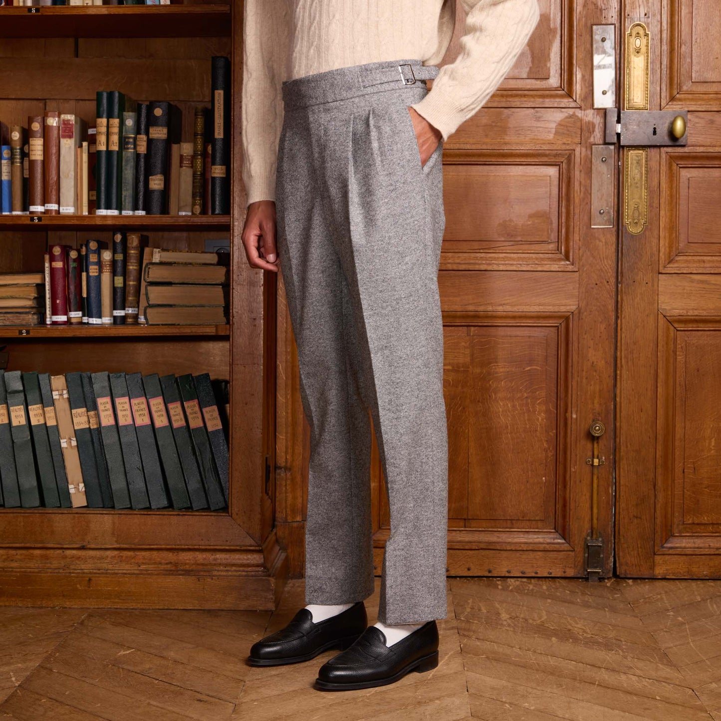Gurkha trousers in heather gray Donegal wool